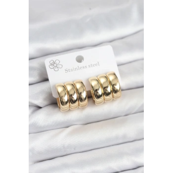 316L Çelik Gold Renk 3lü Görünüm Kadın Küpe - TJ-BKP11581