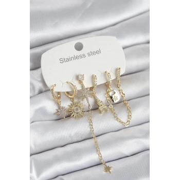 316L Çelik Gold Renk 6lı Set Charmlı Kadın Küpe - TJ-BKP11749