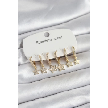 316L Çelik Gold Renk 6lı Set Yıldız Model Kadın Küpe - TJ-BKP11751