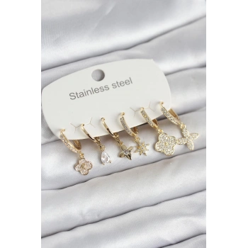 316L Çelik Gold Renk 6lı Set Yonca Model Kadın Küpe - TJ-BKP11743