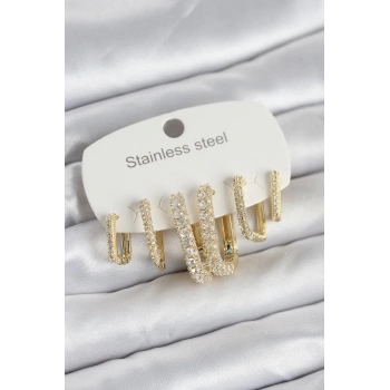 316L Çelik Gold Renk 6lı Set Zirkon Taşlı Kadın Küpe - TJ-BKP11745