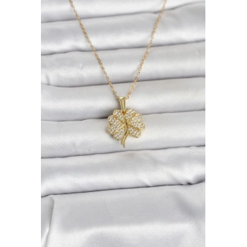 316L Çelik Gold Renk Açılabilir Yonca Model Zirkon Taşlı Kadın Kolye - TJ-BKO11048