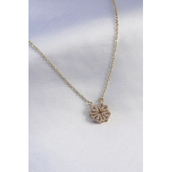 316L Çelik Gold Renk Açılır Zirkon Taşlı Yonca Model Kadın Kolye - TJ-BKO7290