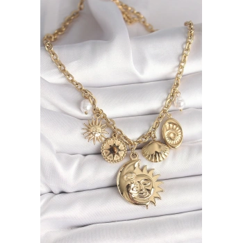 316L Çelik Gold Renk Ay Güneş Figür Deniz Kabuğu Detay Kadın Kolye - TJ-BKO9913