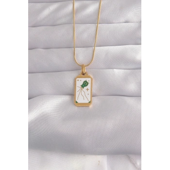 316l Çelik Gold Renk Beyaz Mineli Tarot Kolye 5886
