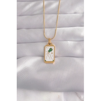 316L Çelik Gold Renk Beyaz Mineli Tarot Kolye - TJ-BKO9039