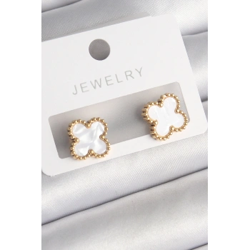 316L Çelik Gold Renk Beyaz Minelik Yonca Model Kadın Küpe - TJ-BKP10197