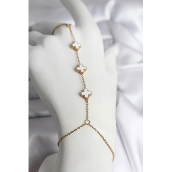 316L Çelik Gold Renk Beyaz Yonca Model Kadın Şahmeran - TJ-SN734