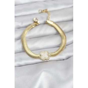 316L Çelik Gold Renk Beyaz Yonca Model Zirkon Taşlı Yılan Zincirli Kadın Bileklik - TJ-BB8157