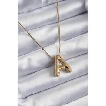 316L Çelik Gold Renk Bubble A Harf Model Kadın Kolye - TJ-BKO7946