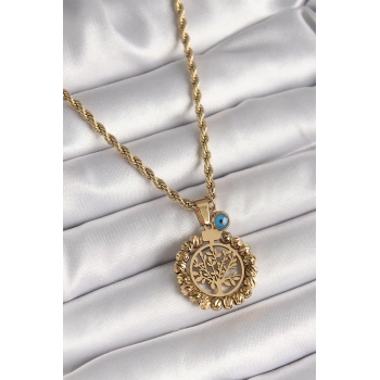 316L Çelik Gold Renk Burgu Zincir Dorika Yaşam Ağacı Figür Nazar Boncuk Detay Kadın Kolye - TJ-BKO9874