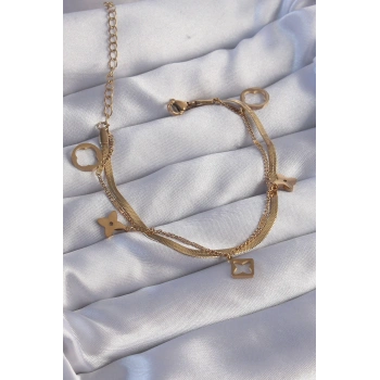 316L Çelik Gold Renk Çift Zincir Yonca Tasarım Bileklik - TJ-BB6181