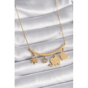 316L Çelik Gold Renk Fil Figür Zirkon Taş Detay Kadın Kolye - TJ-BKO9408