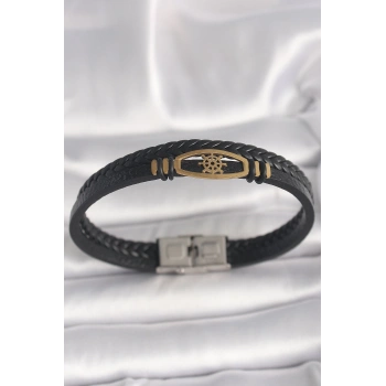 316L Çelik Gold Renk Gemi Dümen Figür Siyah Renk Çift Sıra Burgu Desenli Deri Kordon Erkek Bileklik - TJ-EB3706