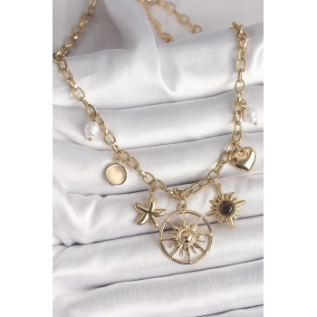 316L Çelik Gold Renk Güneş Model Siyah Mineli Güneş Detay Kadın Kolye - TJ-BKO9914