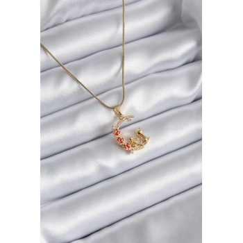 316L Çelik Gold Renk Hilal Kedi Model Zirkon Taşlı Detay Kadın Kolye - TJ-BKO8140