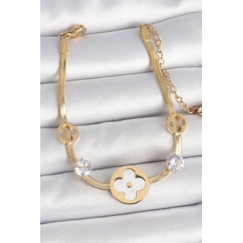 316L Çelik Gold Renk İtalyan Zincir Beyaz Mineli Yonca Model Zirkon Taş Detaylı Kadın Bileklik - TJ-BB6954