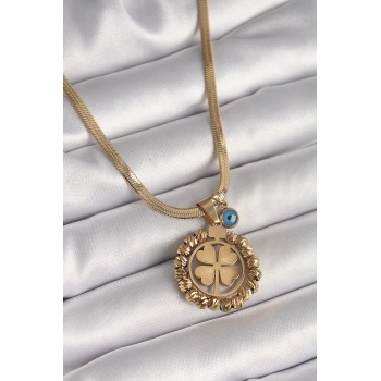 316L Çelik Gold Renk İtalyan Zincir Dorika Yonca Model Nazar Boncuk Detay Kadın Kolye - TJ-BKO9875
