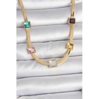 316L Çelik Gold Renk İtalyan Zincir Model Kare Renkli Zirkon Taşlı Kadın Kolye - TJ-BKO10118