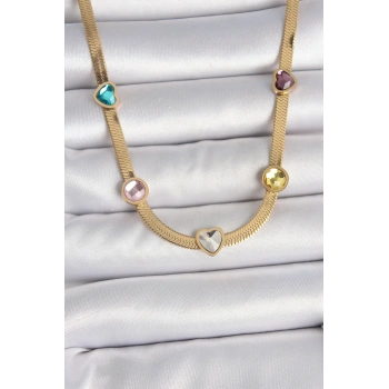 316L Çelik Gold Renk İtalyan Zincir Renkli Zirkon Taşlı Kalp Figür Kadın Kolye - TJ-BKO10117