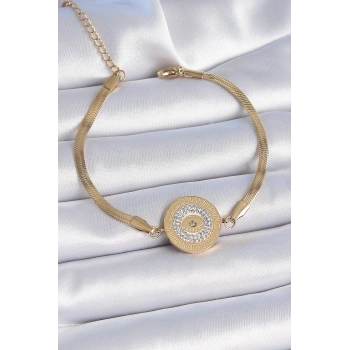 316L Çelik Gold Renk İtalyan Zincir Zirkon Taşlı Göz İşlemeli Madalyon Model Kadın Bileklik - TJ-BB6445
