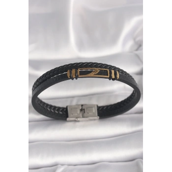 316L Çelik Gold Renk Kanat Aksesuarlı Siyah Burgu Model Deri Kordon Erkek Bileklik - TJ-EB3703