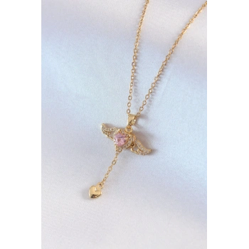 316L Çelik Gold Renk Kanatlı Kalp Model Zirkon Taş Detay Kadın Kolye - TJ-BKO7411