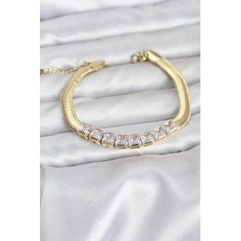 316L Çelik Gold Renk Kare Zirkon Taşlı Yılan Zincirli Kadın Bileklik - TJ-BB8152