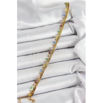 316L Çelik Gold Renk Karışık Renkli Kristal Taşlı Kadın Bileklik - TJ-BB7090