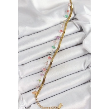 316L Çelik Gold Renk Kristal Karışık Renkli Taşlı Kadın Bileklik - TJ-BB7091