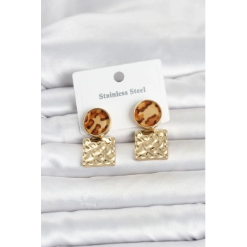 316L Çelik Gold Renk Leopar Desenli Plaka Model Kadın Küpe TJ-BKP11832