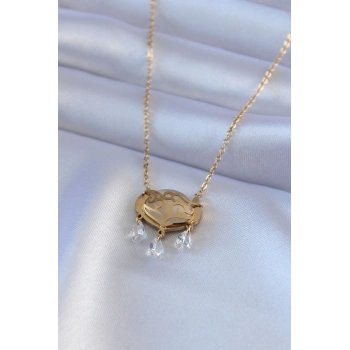 316L Çelik Gold Renk Lotus Model Zirkon Taşlı Kadın Kolye - TJ-BKO7578