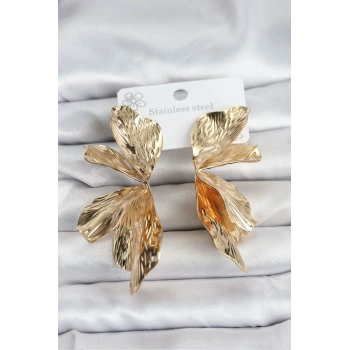 316L Çelik Gold Renk Lotus Yaprak Kadın Küpe - TJ-BKP11501