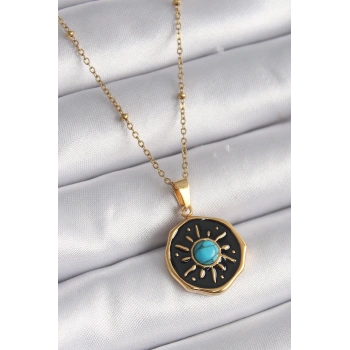316L Çelik Gold Renk Mavi Boncuk Güneş İşleme Madalyon Model Kadın Kolye - TJ-BKO9524