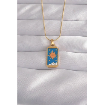 316L Çelik Gold Renk Mavi Mineli Güneş Model Tarot Kolye - TJ-BKO9026