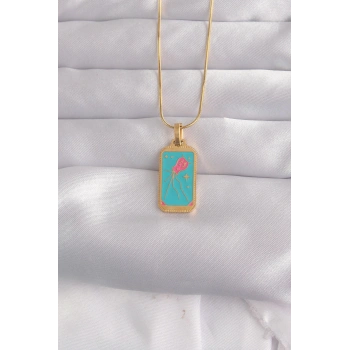 316L Çelik Gold Renk Mavi Mineli Tarot Kolye - TJ-BKO9030