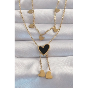 316L Çelik Gold Renk Mineli Çoklu Kalp Kolye - TJ-BKO8967