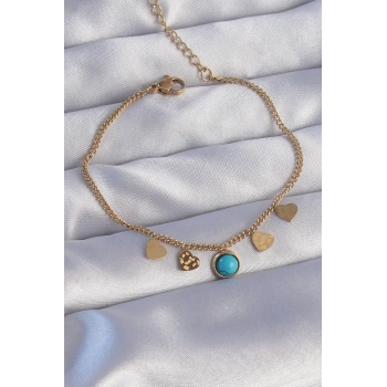 316L Çelik Gold Renk Minimal Kalpli Mavi Taş Detaylı Bileklik - TJ-BB6178