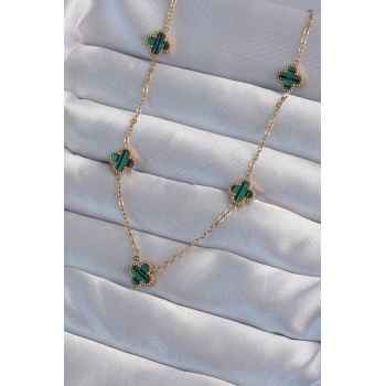 316L Çelik Gold Renk Minimal Yeşil Mineli Yonca Kolye - TJ-BKO9000