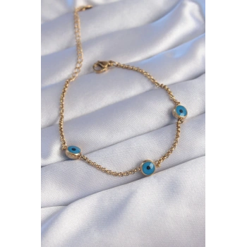 316L Çelik Gold Renk Nazar Boncuk Tasarımlı Bileklik - TJ-BB6100