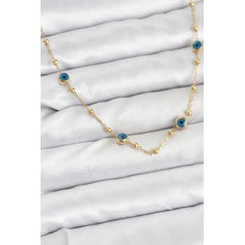 316L Çelik Gold Renk Nazarlı ve Topçuklu Model Kadın Kolye - TJ-BKO10814