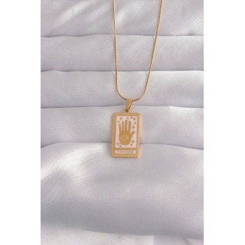 316L Çelik Gold Renk Pembe Mineli El Figür Tarot Kolye - TJ-BKO9031