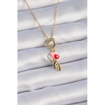 316L Çelik Gold Renk Renkli Kalp Figür Charm Model Kadın Kolye - TJ-BKO9320