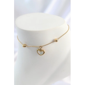 316L Çelik Gold Renk Sallantı Mineli Kalp Figür Topçuk Detay Kadın Halhal - TJ-HH1649