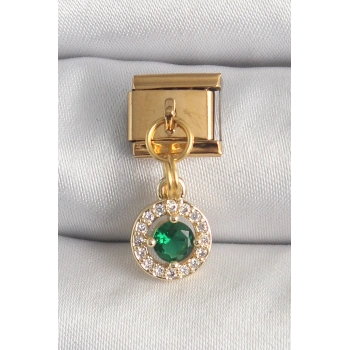316L Çelik Gold Renk Sallantı Yeşil Zirkon Taşlı Nomination Charm - TJ-BC1344