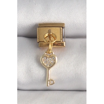 316L Çelik Gold Renk Sallantı Zirkon Taşlı Kalpli Anahtar Model Nomination Charm - TJ-BC1371