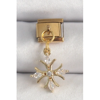 316L Çelik Gold Renk Sallantı Zirkon Taşlı Kar Tanesi Model Nomination Charm - TJ-BC1341