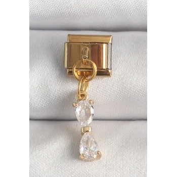 316L Çelik Gold Renk Sallantı Zirkon Taşlı Kurdele Model Nomination Charm - TJ-BC1351