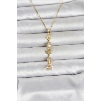 316L Çelik Gold Renk Şans Kolyesi Y Model Zirkon Taşlı Kadın Kolye - TJ-BKO11050