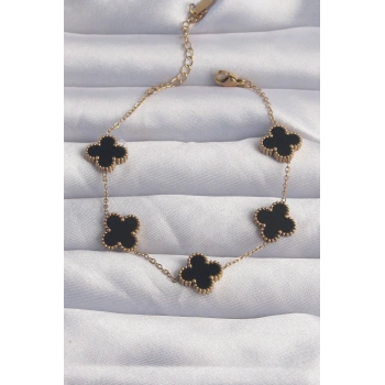 316L Çelik Gold Renk Siyah Mineli Yonca Bileklik - TJ-BB6258